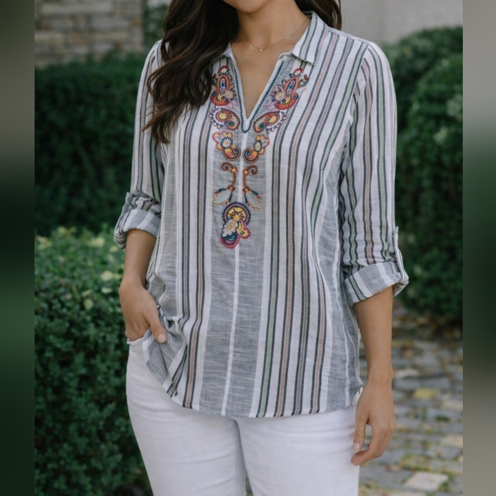 Soft Surroundings Embroidered Cotton Stripe Relaxed Tunic Blouse